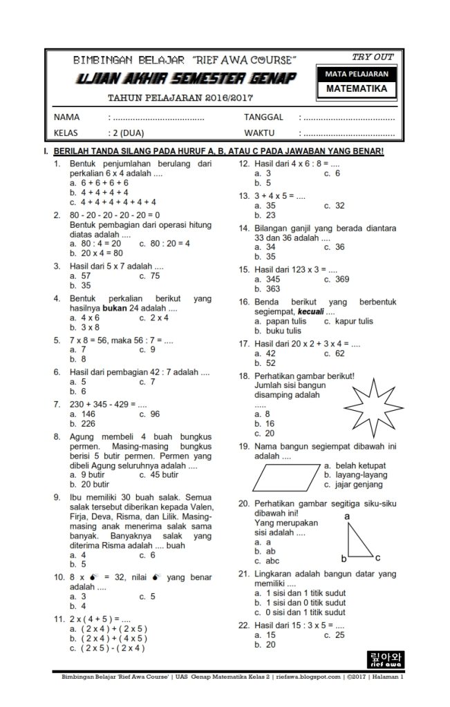 Bocoran 40 soal ulangan semester 2 matematika kelas 4 yang sering keluar saat ujian Bocoran 40 soal ulangan semester 2 matematika kelas 4 yang sering keluar saat ujian